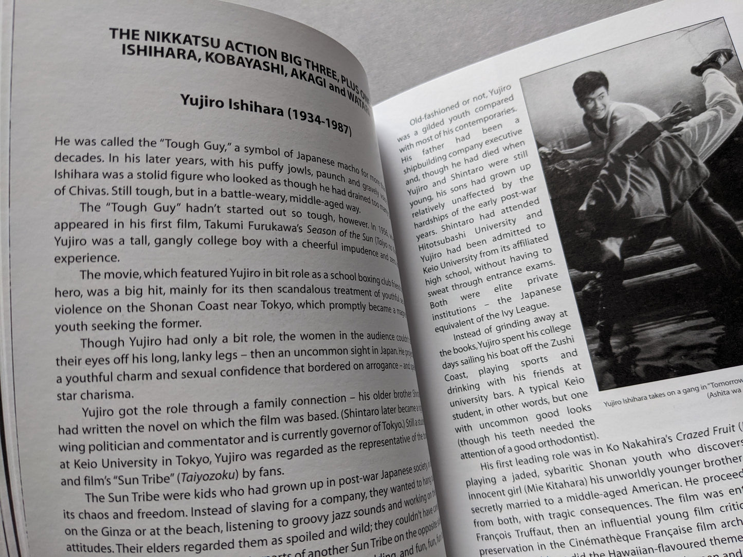 Black and white still of a man in a fight scene and text on the life of Yujiro Ishihara, a major Nikkatsu actor.