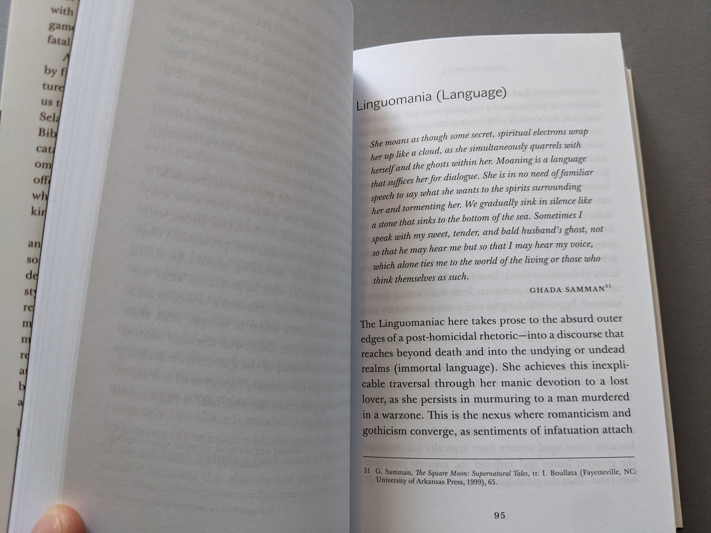 Page from Omnicide II featuring the section on linguomania with excerpts from Ghada Samman.