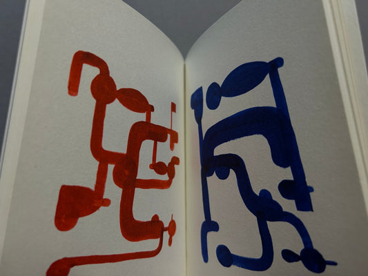 Interior spread from P+O by Richard McGuire showing red and blue abstract cartoon figures on facing pages