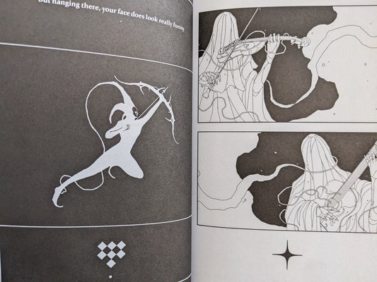 Interior page from 'Parasite Moon Orchestra' showing masked figures playing string instruments in minimalist black and white style.
