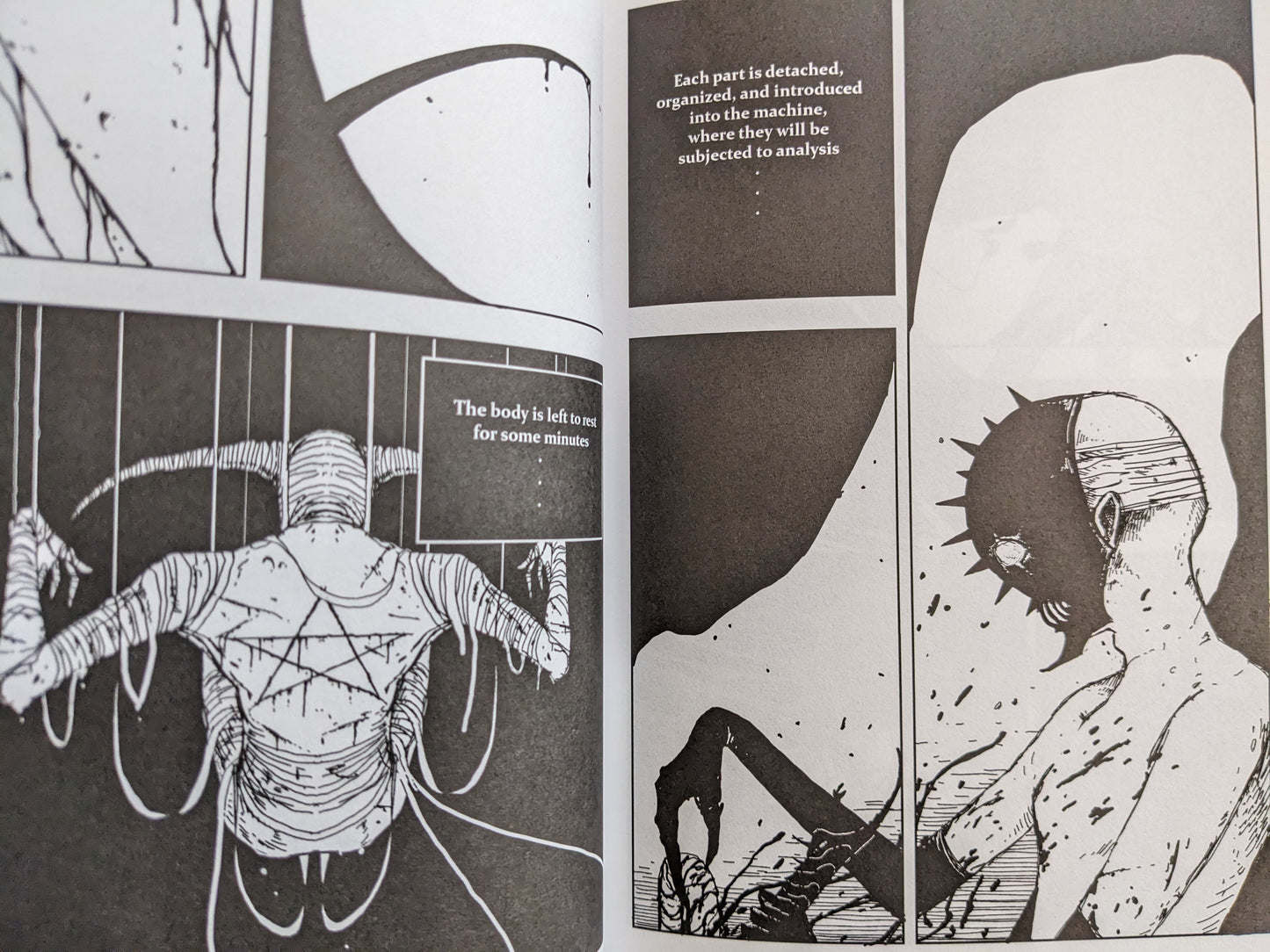 Graphic panel from 'Parasite Moon Orchestra' with abstract medical and anatomical drawings in a dark aesthetic.