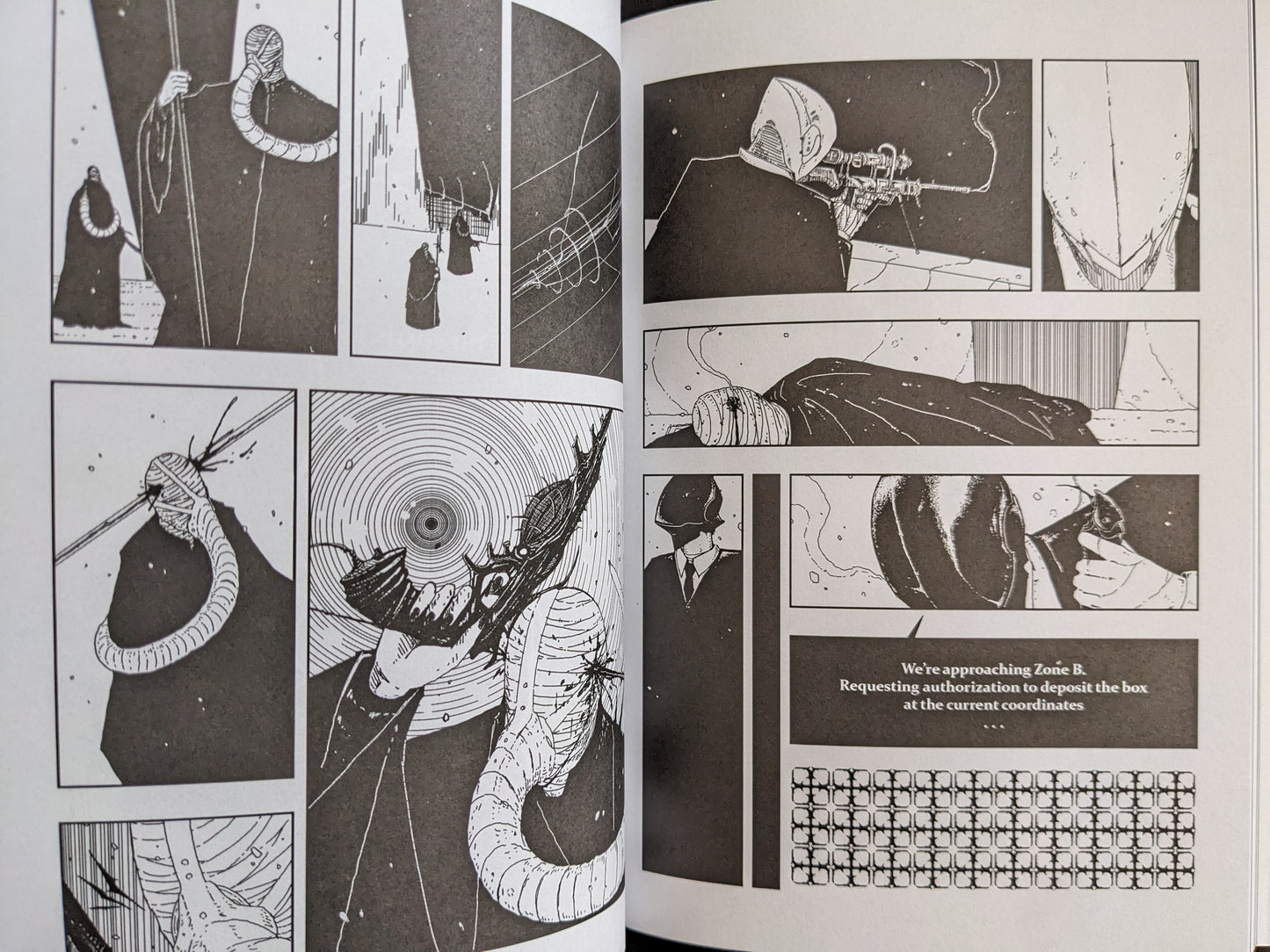 Interior spread showing masked figures, surveillance, and surreal forms in a grayscale dystopian environment.