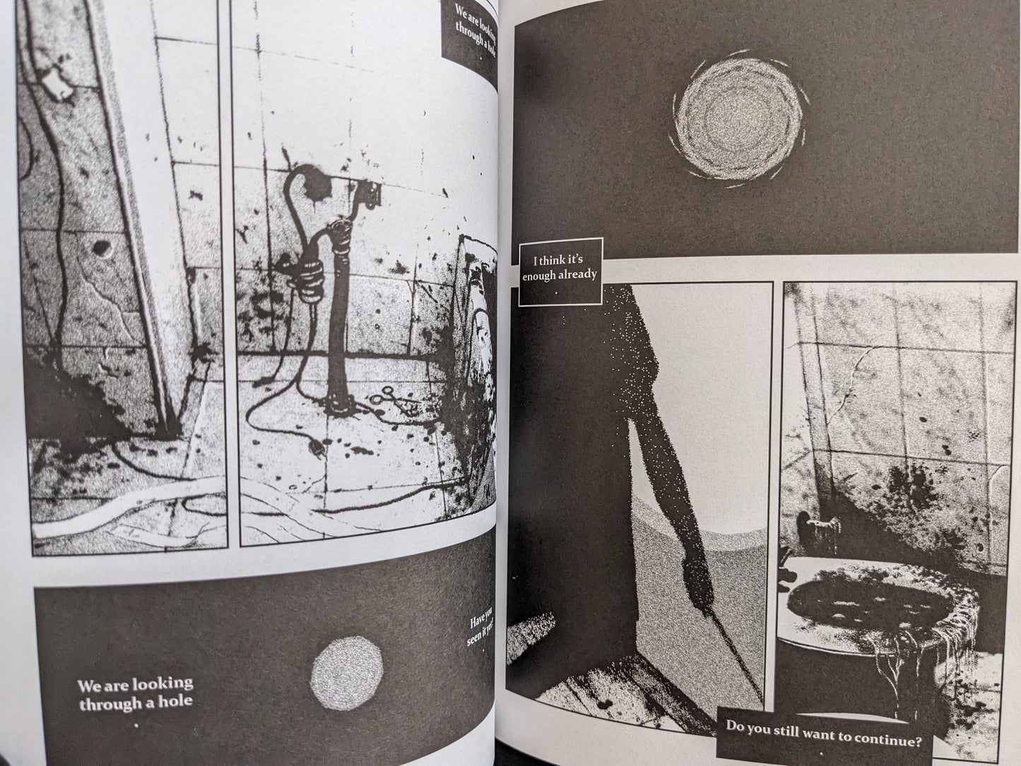 A dark, eerie interior sequence from 'Parasite Moon Orchestra' with tiled walls, wires, and haunting textures.