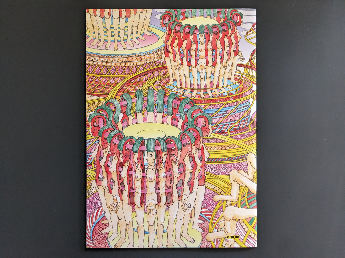 Back cover of Parasitic City #0.2 by Shintaro Kago, featuring a surreal spiral structure of duplicated human figures in pastel tones