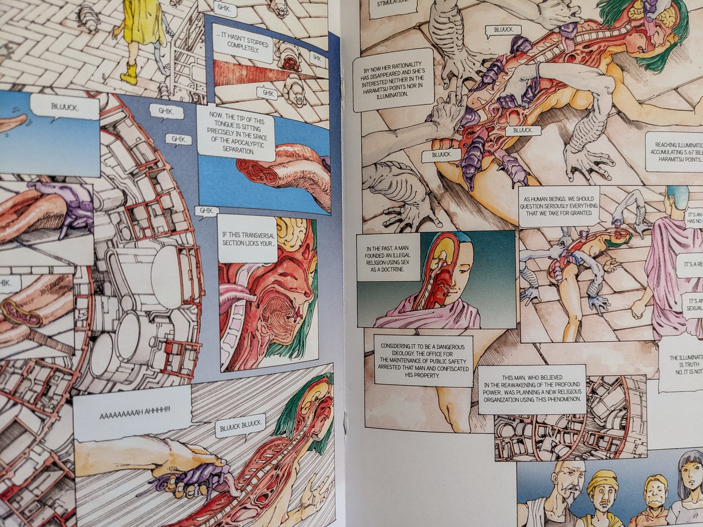Panel from Parasitic City #0.2 illustrating mechanical reconnections of body parts and fragmented human anatomy