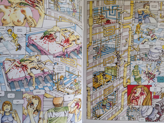 Comic page from "Parasitic City #0.3" by Shintaro Kago with violent and surreal body horror, including mutated bodies, missing limbs, and anatomical absurdities in a sci-fi architectural setting
