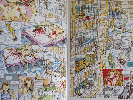 Interior comic page from Parasitic City #0.3 showing mutated bodies and anatomical distortion in a sci-fi setting.