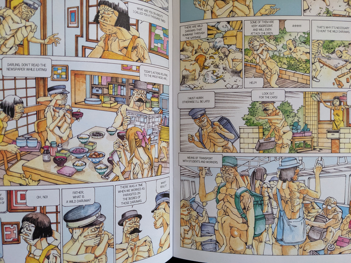 Comic page from "Parasitic City #0.3" by Shintaro Kago showing humanoid figures with hands for faces in domestic and urban settings, depicting dystopian social commentary