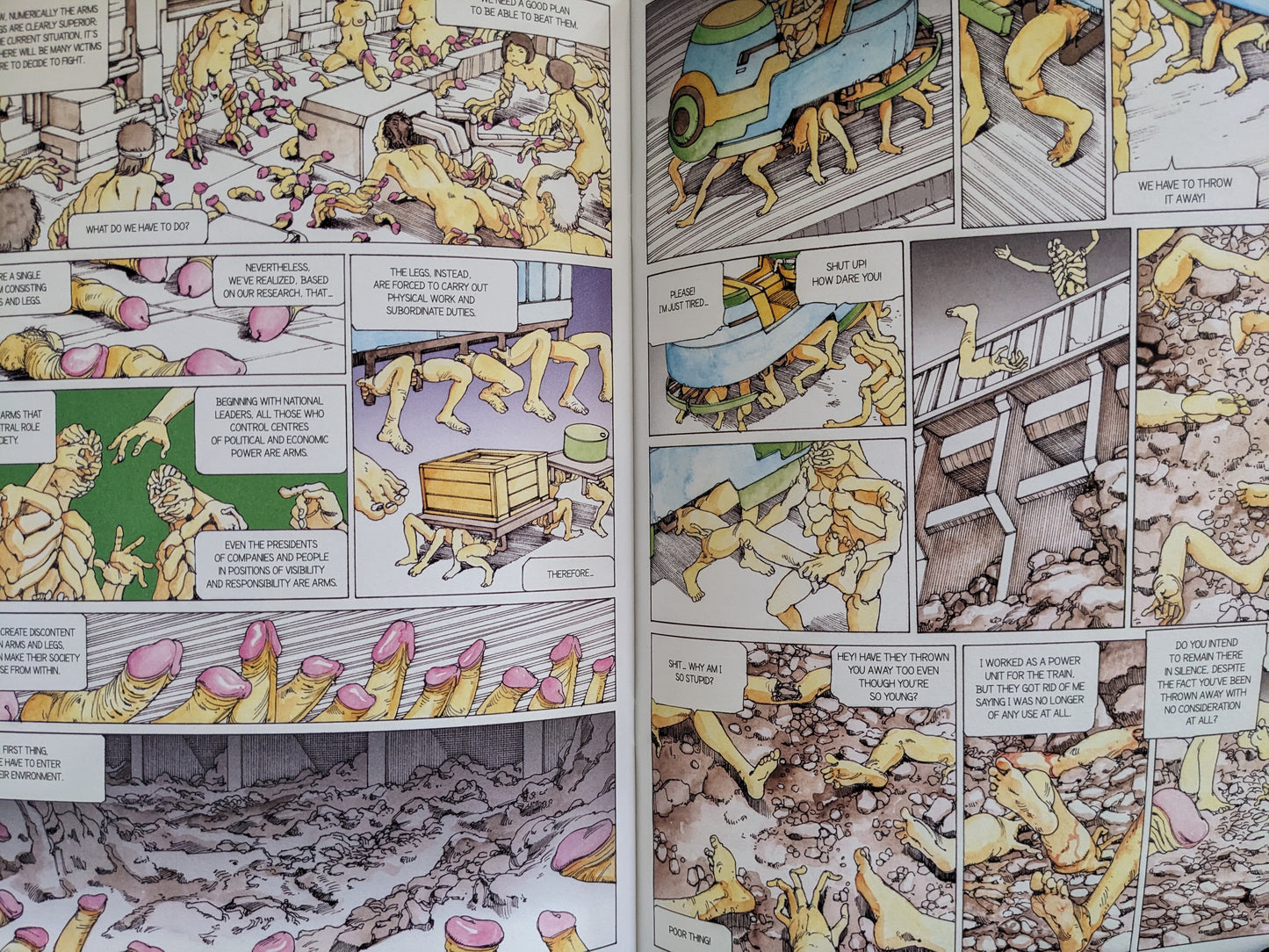 Comic spread from "Parasitic City #0.3" by Shintaro Kago portraying a society of leg-creatures performing labor, being discarded, and discussing societal roles in a grotesque allegory