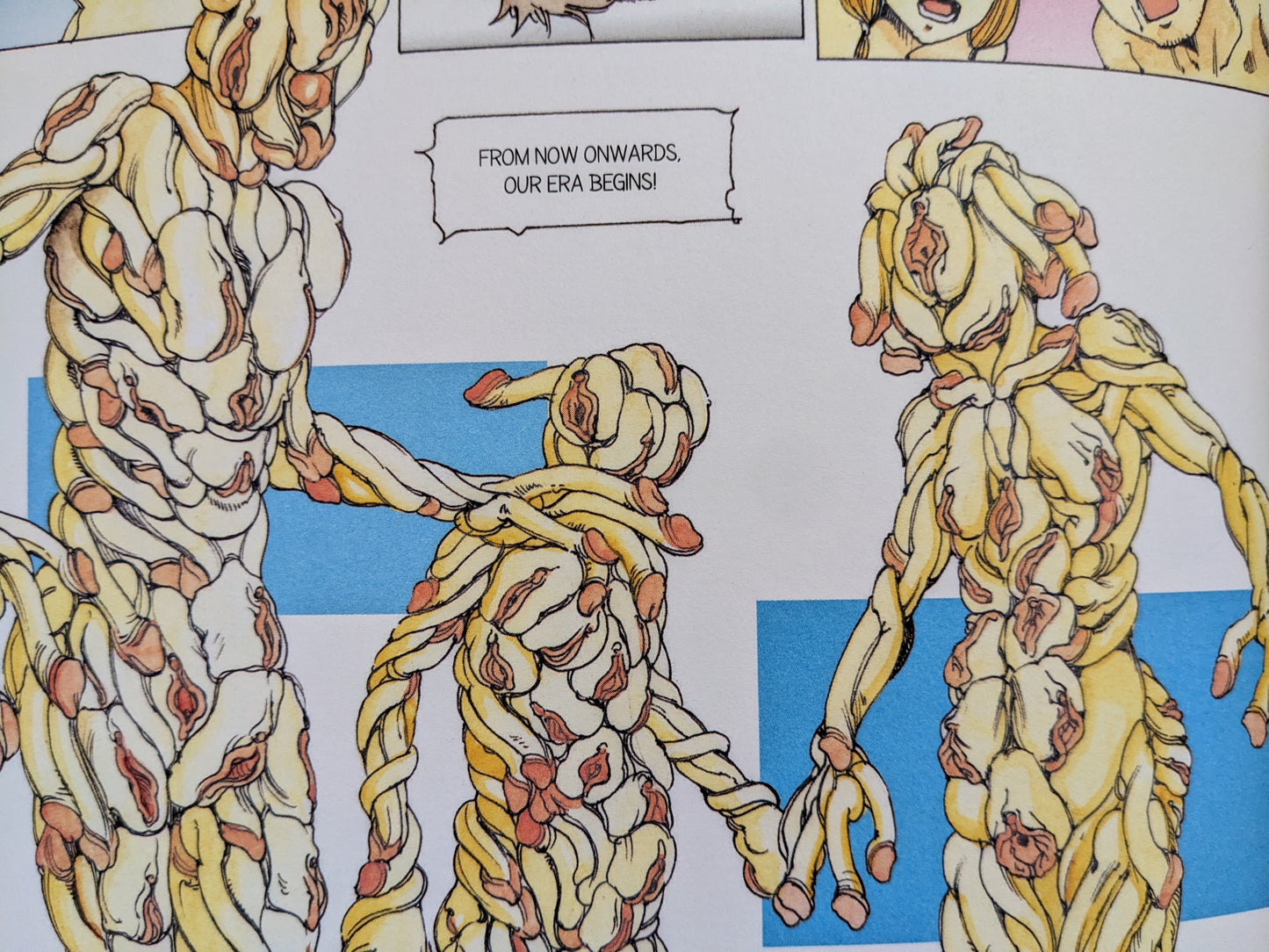 Close-up panel from "Parasitic City #0.3" by Shintaro Kago showing humanoid creatures composed entirely of braided labia, symbolizing a surrealist transformation and revolution