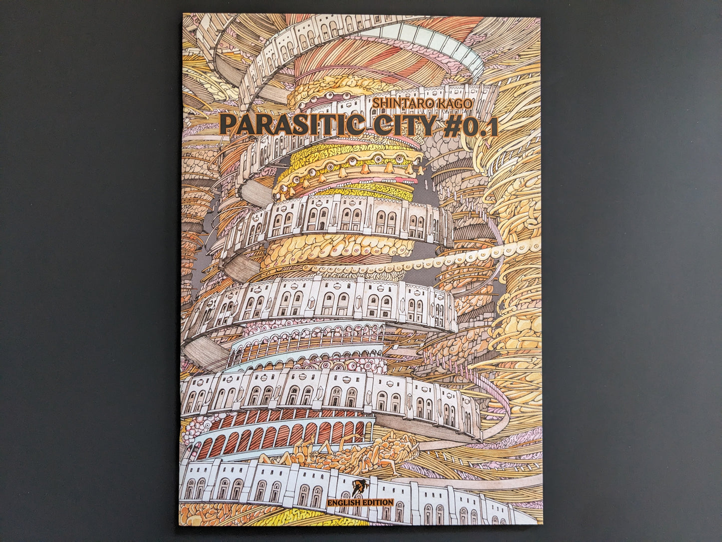 Front cover of "Parasitic City #0.1" by Shintaro Kago showing a surreal, spiraling architectural structure in full color.