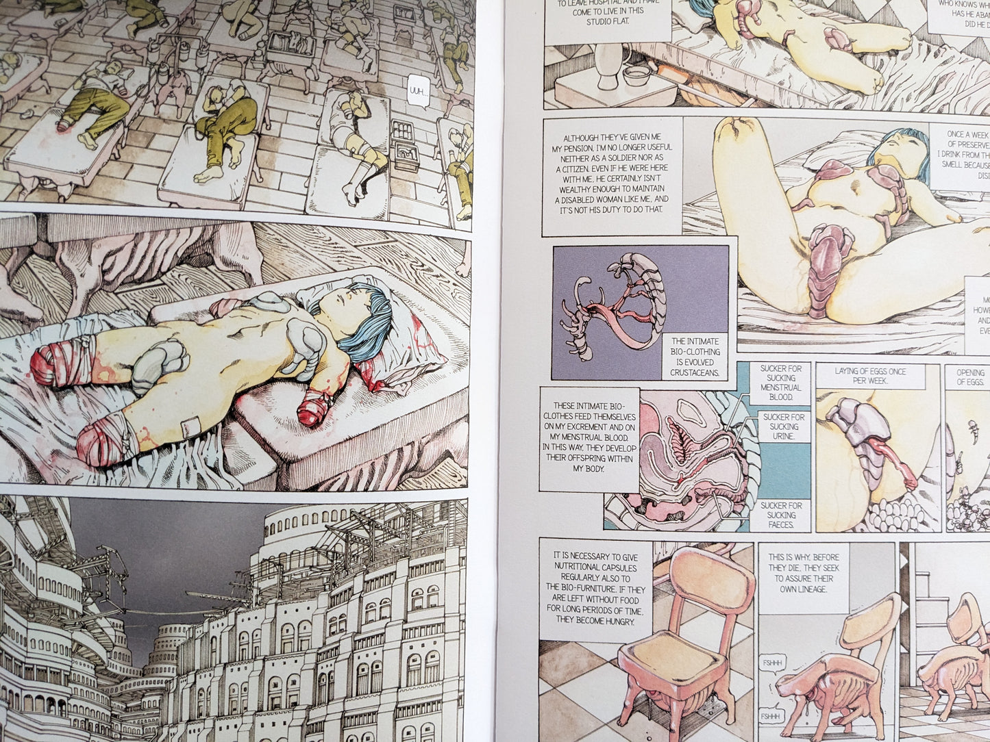 Comic panel from "Parasitic City #0.1" depicting a ward filled with injured people and close-up of a woman with cybernetic limbs.