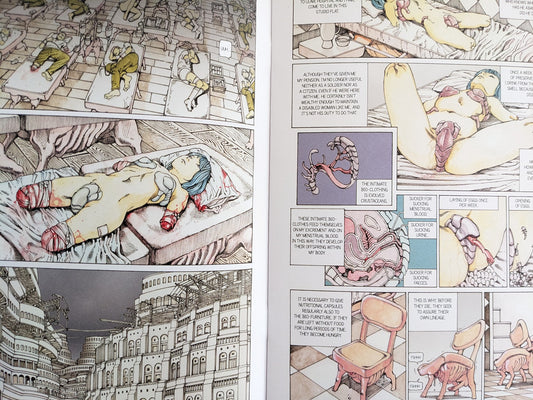 Interior comic page from Parasitic City #0.1 showing a crowded ward scene and a woman with cybernetic limbs.