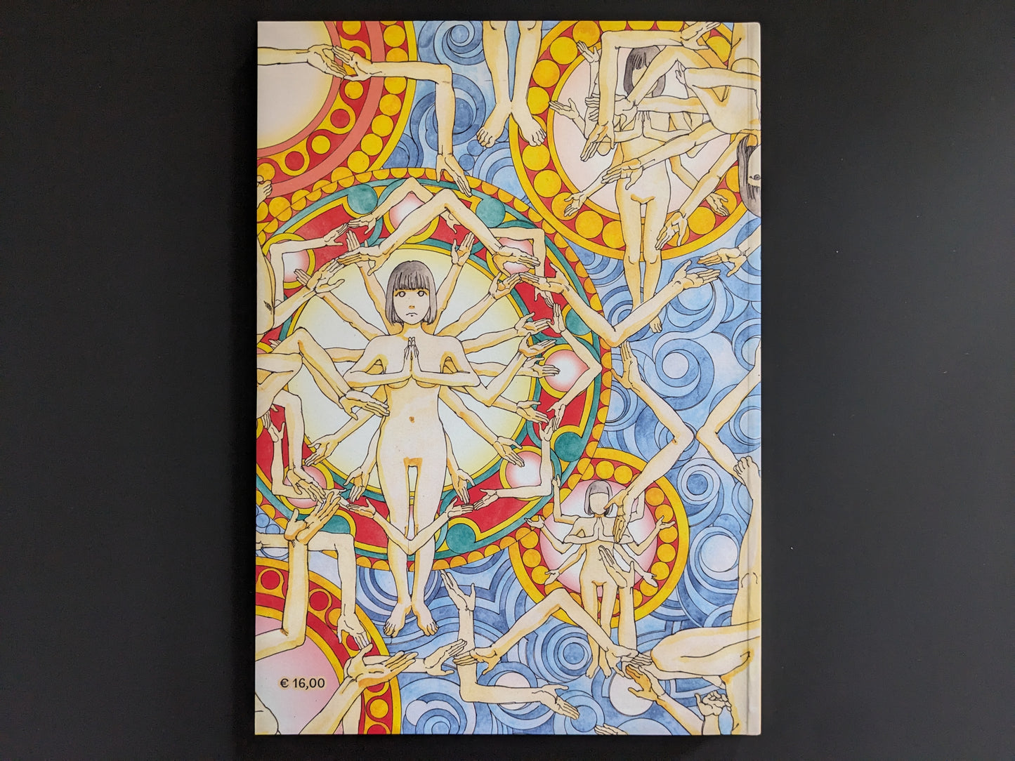 Back cover of "Parasitic City #1", repeating the kaleidoscopic body motif with a visible €16 price mark