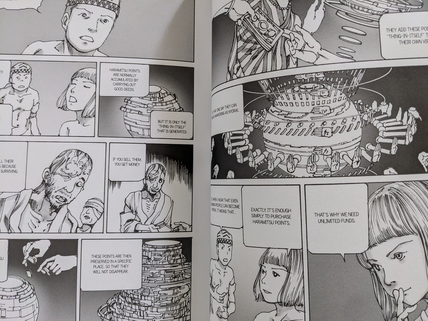 Philosophical dialogue on the commodification of morality, where good deeds translate into tradable reincarnation credits