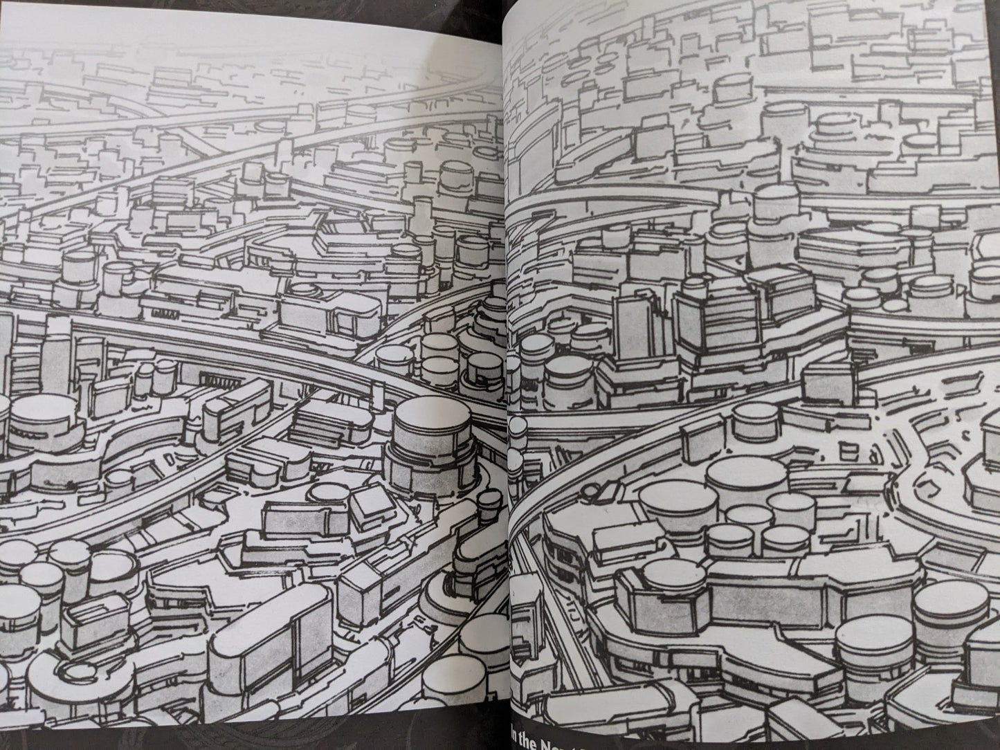 Full spread of the futuristic cityscape from a high vantage point, evoking themes of techno-overpopulation and surveillance