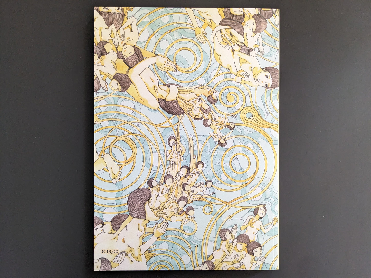 Back cover of Parasitic City #2 by Shintaro Kago, with repeating figures and a hypnotic spiral background.