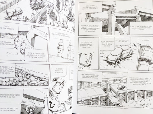 Interior page from Parasitic City #2 showing decaying bio-roads and dialogue about mental state.