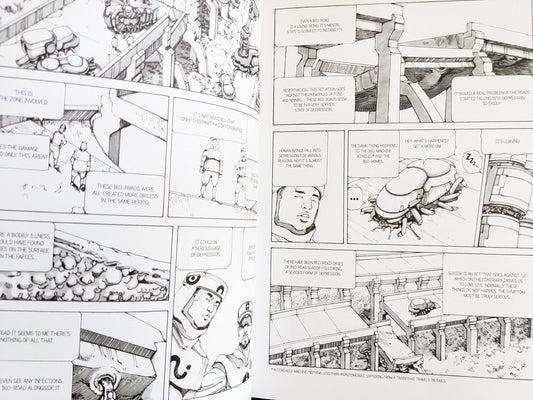 Page from 'Parasitic City #2' showing decaying bio-roads and discussion of their mental state.