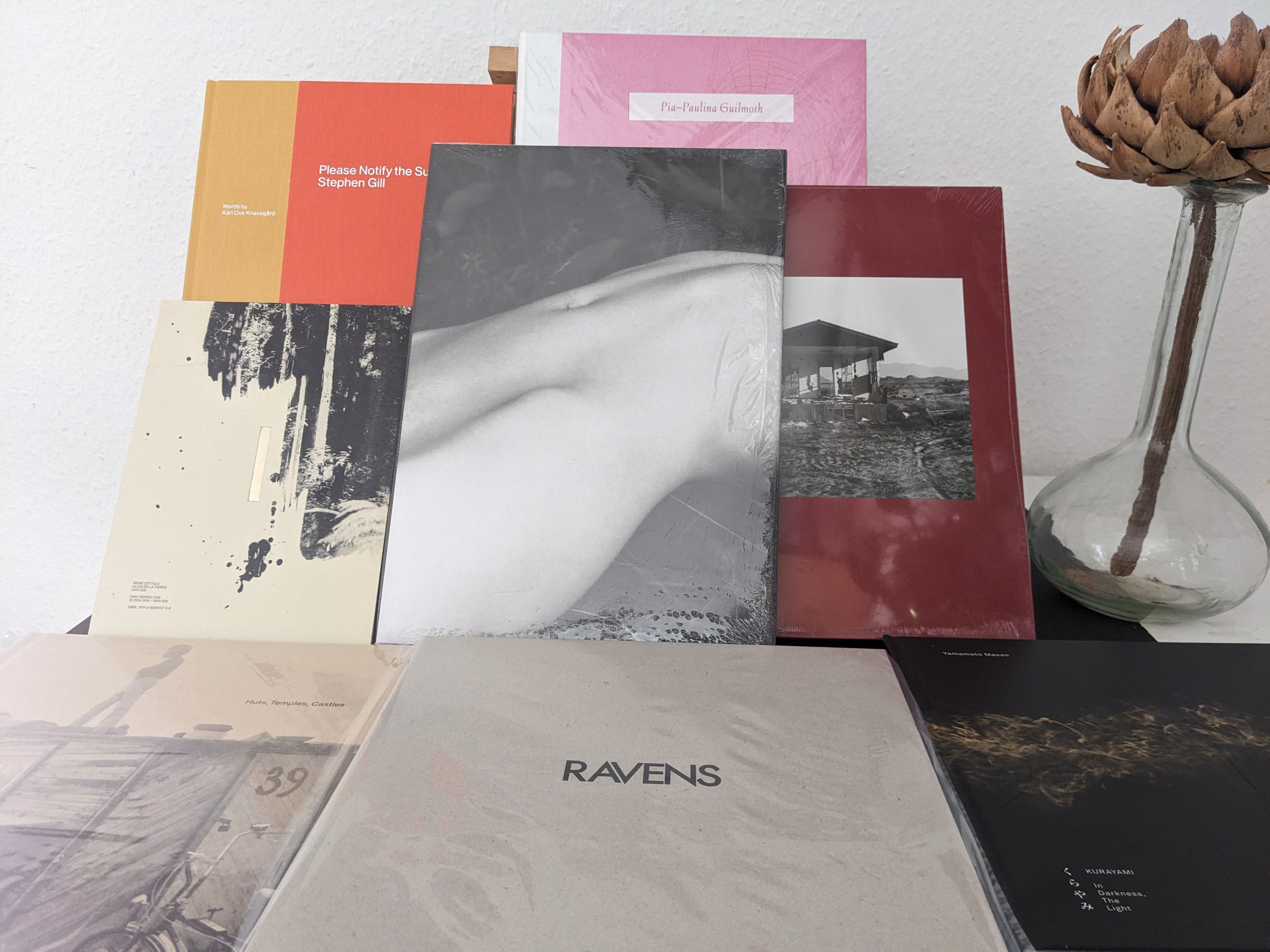 A curated selection of photobooks on sale, arranged against a white wall. Visible covers include 'Please Notify the Sun' by Stephen Gill, 'Flowers Drink the River' by Pia-Paulina Guilmoth, 'Ravens' by Masahisa Fukase, 'Kurayami' by Masao Yamamoto and Akira Uchida, along with other titles. On the right, a glass vase holds a dried artichoke flower.