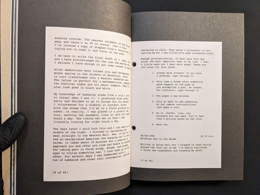 Interior spread from Pi: The Guerilla Diaries showing Aronofsky’s journal entries from 1996.