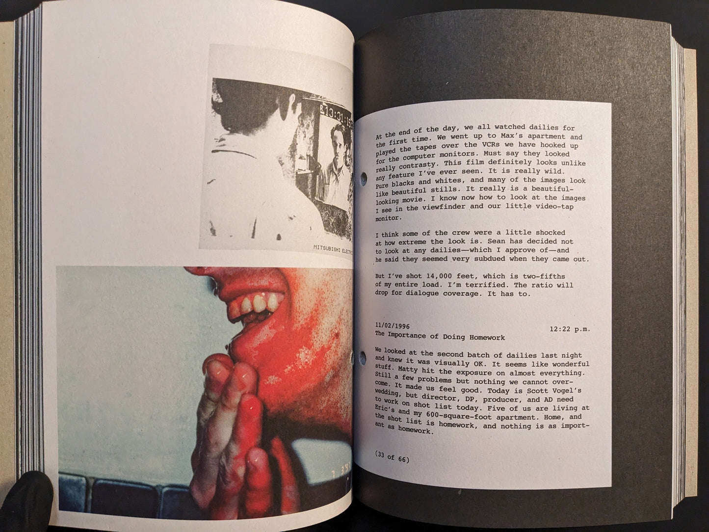 Close-up from Pi: The Guerilla Diaries showing diary pages with text and production imagery.