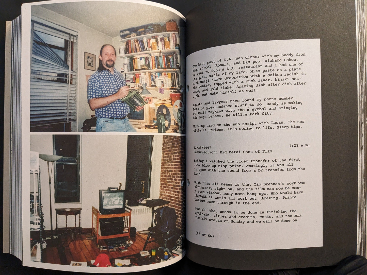 Production diary text and behind-the-scenes color photograph from Pi: The Guerilla Diaries.