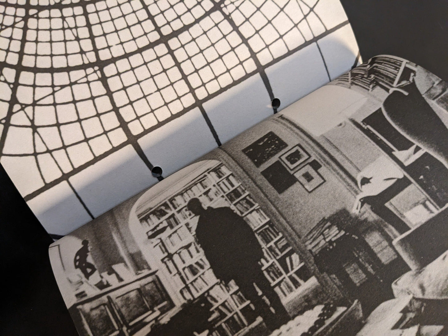 Page featuring visual geometric patterns and workspace interior from Pi: The Guerilla Diaries.