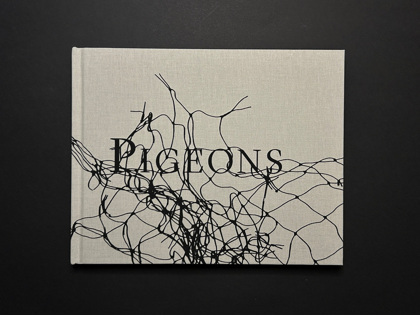 Book cover of Pigeons by Stephen Gill with abstract black line pattern on a grey background.
