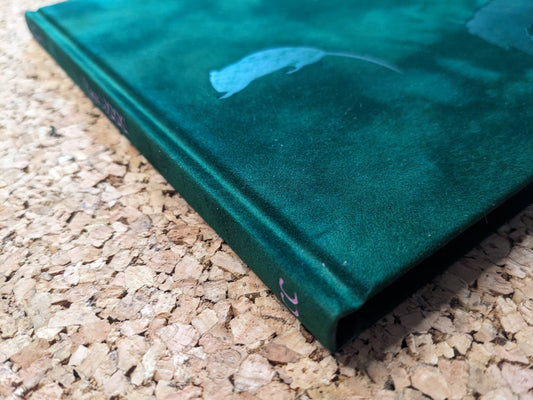Plates I-XXXI by Lia Darjes, close-up detail of the green debossed cover and spine on a cork surface.