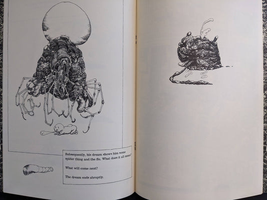 Postapoland interior spread with a spider-like mutant, a blob creature, and narrative text