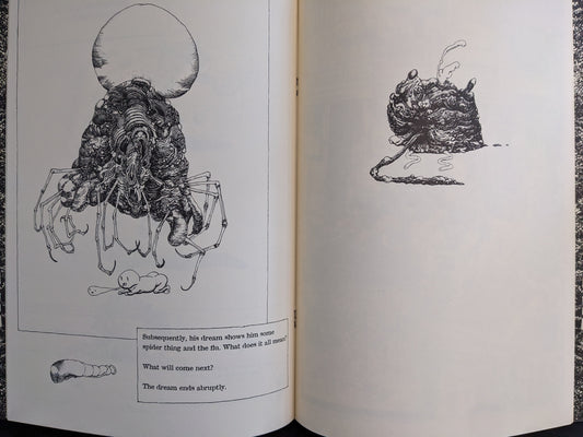 Interior comic spread showing a spider-like mutant and a blob creature with surreal narrative text.