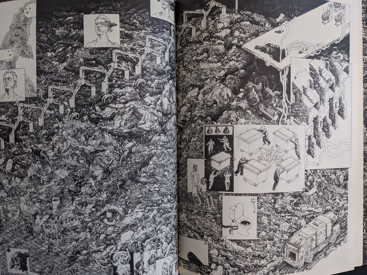 Highly detailed isometric drawing of a post-apocalyptic landscape filled with grotesque ruins and figures.