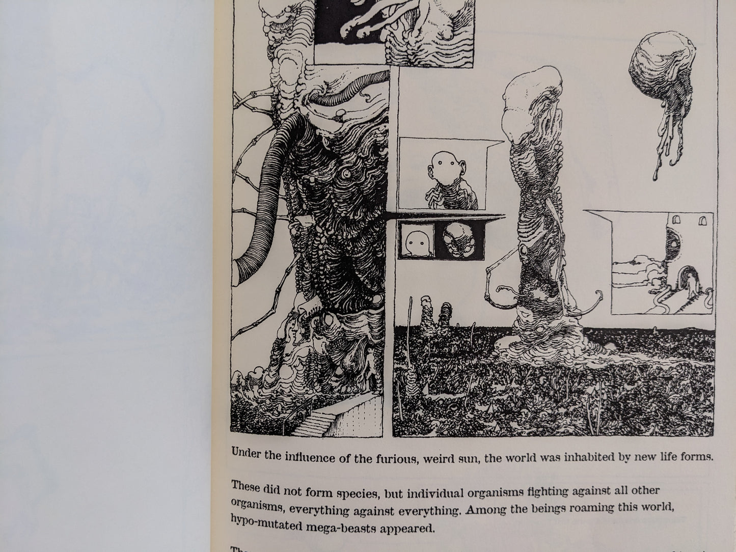 Illustration of strange mutated beings populating the earth under the influence of a weird sun.