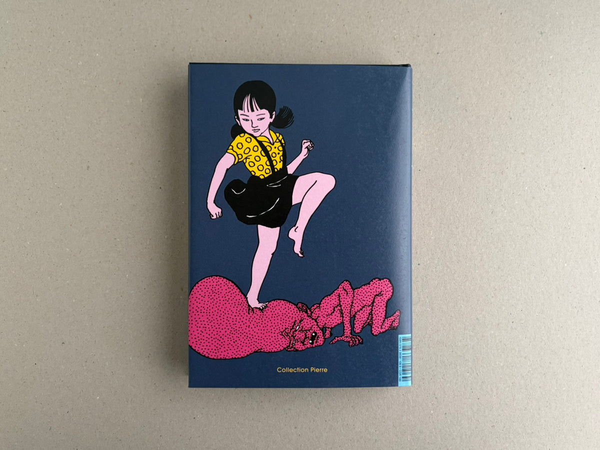 Back cover of Rêve écarlate by Toshio Saeki, showing an illustrated figure standing over a pink creature and the Collection Pierre mark.