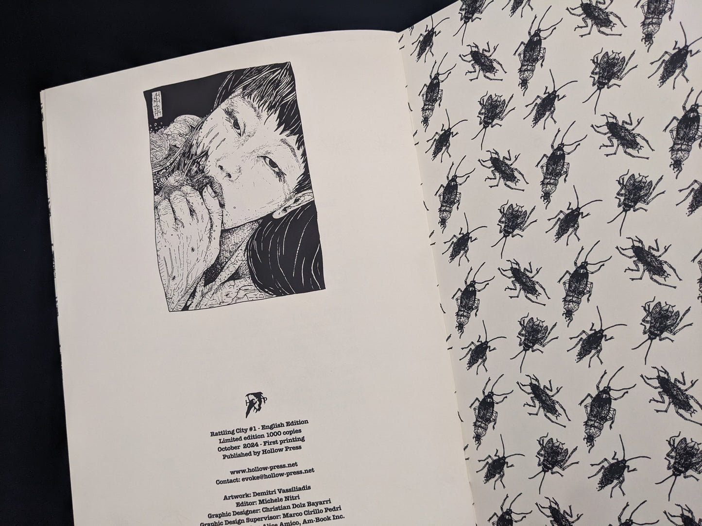 Colophon page of Rattling City #1, Hollow Press edition with illustration and credits