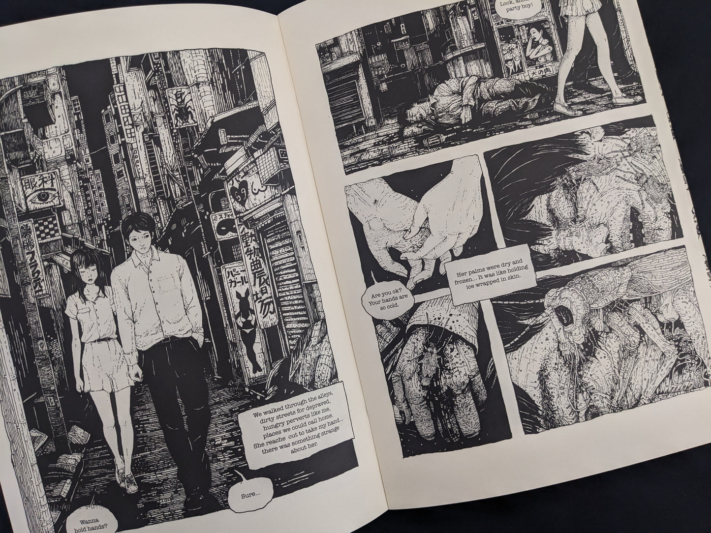 Interior page of Rattling City #1 showing couple walking through city alley and mysterious events
