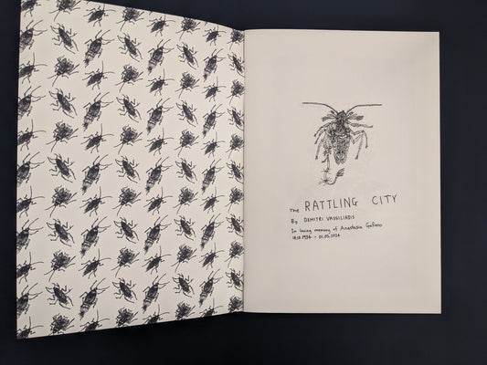 Title page of Rattling City #1 comic book with insect pattern background