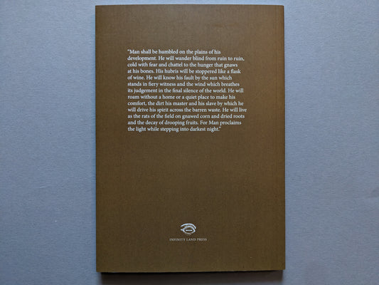 Back cover of "Sacra" featuring a prophetic text passage in white on brown background