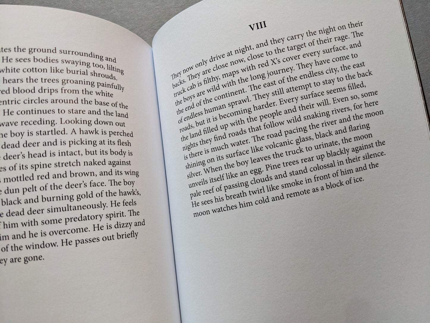 Pages from Sacra featuring a poetic description of nocturnal travel across a dystopian landscape.