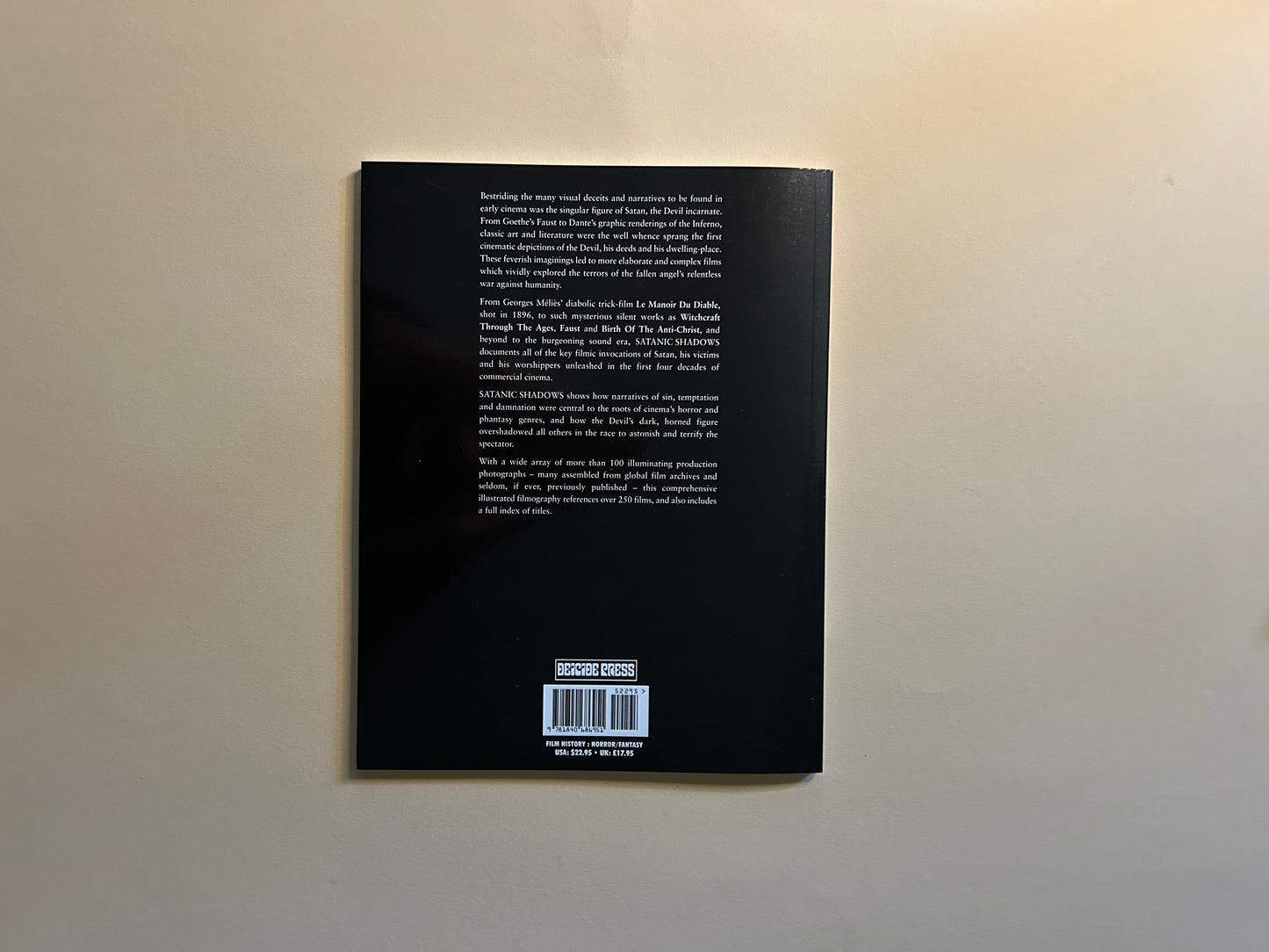 Back cover of 'Satanic Shadows', summarizing the book's focus on cinematic representations of Hell and the Devil.