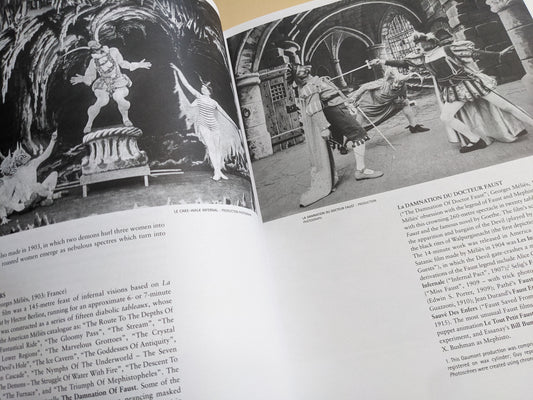 Interior pages from 'Satanic Shadows', featuring black and white production stills from early devil-themed films.