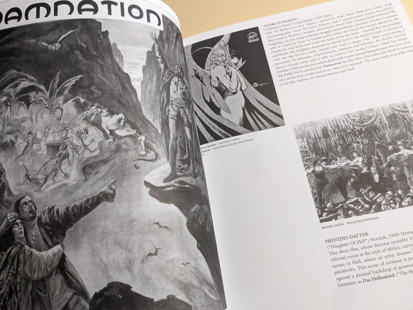 Detailed spread from 'Satanic Shadows', with posters and photos of infernal scenes in early cinema.