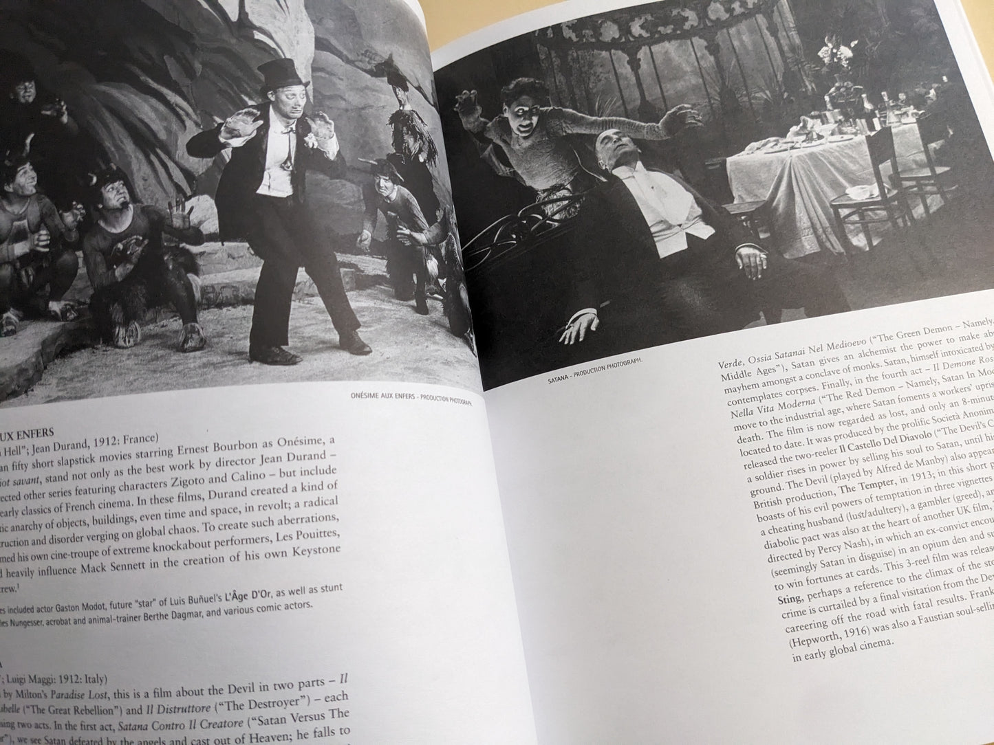 Pages from 'Satanic Shadows' showing iconic images of devils and hellish tableaux in vintage film stills.