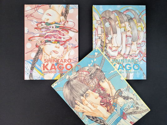 Shintaro Kago artbook box set, hardcover volumes shown together with their covers