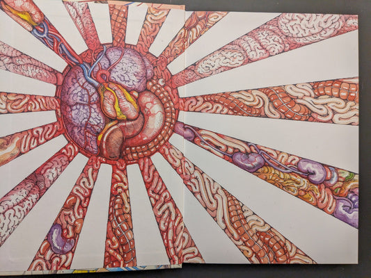 Interior colour plate with a radial anatomical sunburst made of organs and body forms.