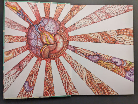Endpaper illustration with a rising-sun design formed from organs and tissue.