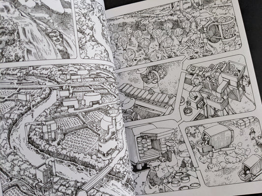 Detailed sci-fi cityscape panel with industrial agricultural systems and machinery