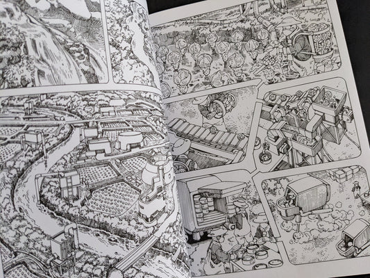 Detailed sci-fi cityscape panel with industrial agricultural systems and machinery