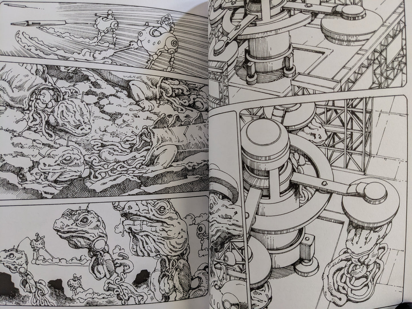 Comic scene with mutant reptiles and industrial surrealist machinery in heavy ink detail